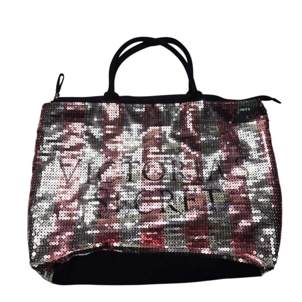 Victoria's Secret Large Zip Shoulder Bag Sequin Striped Pink Weekender Tote